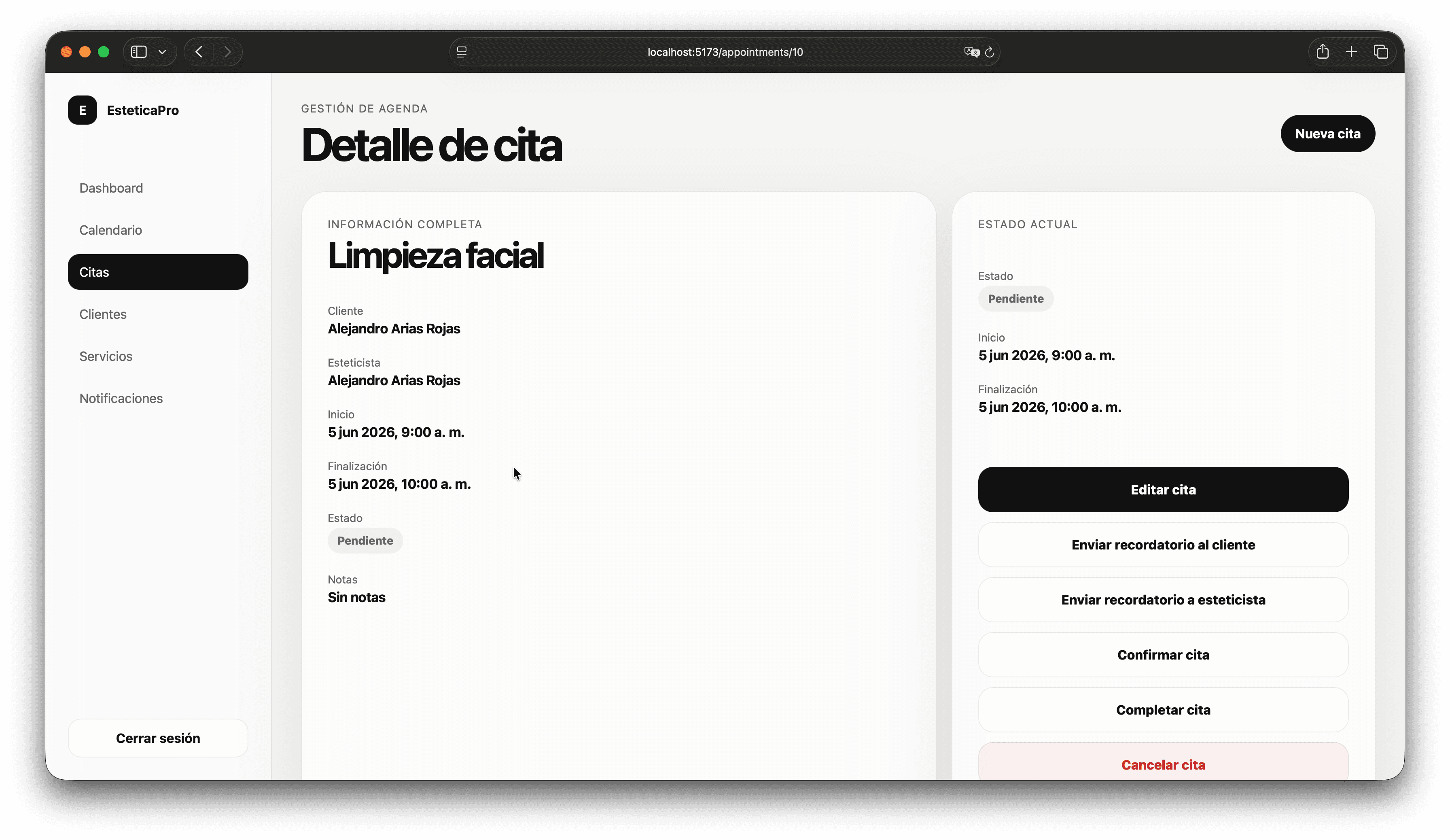 EsteticaPro appointment booking screen