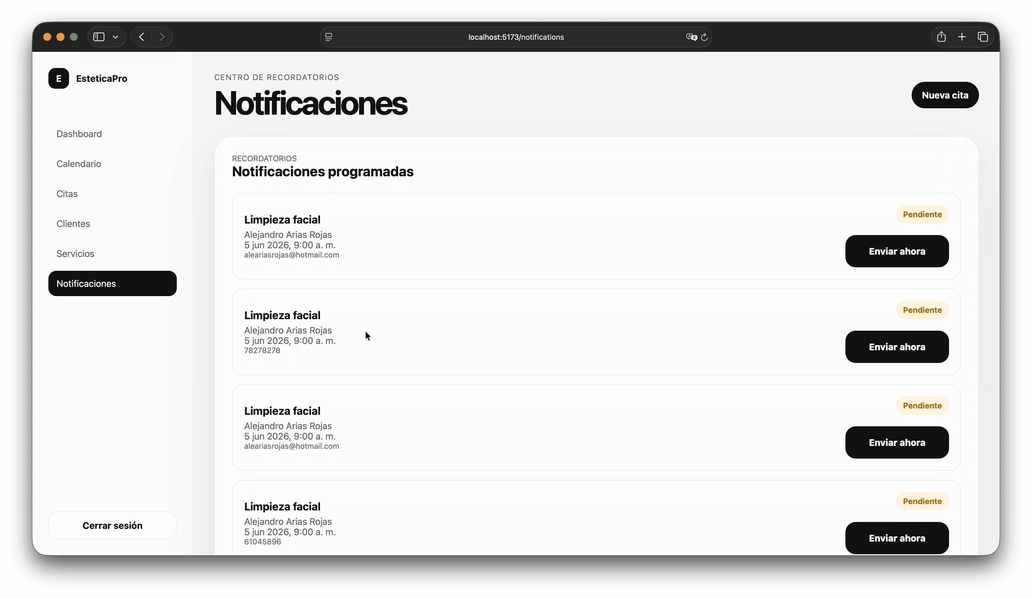 EsteticaPro notifications screen