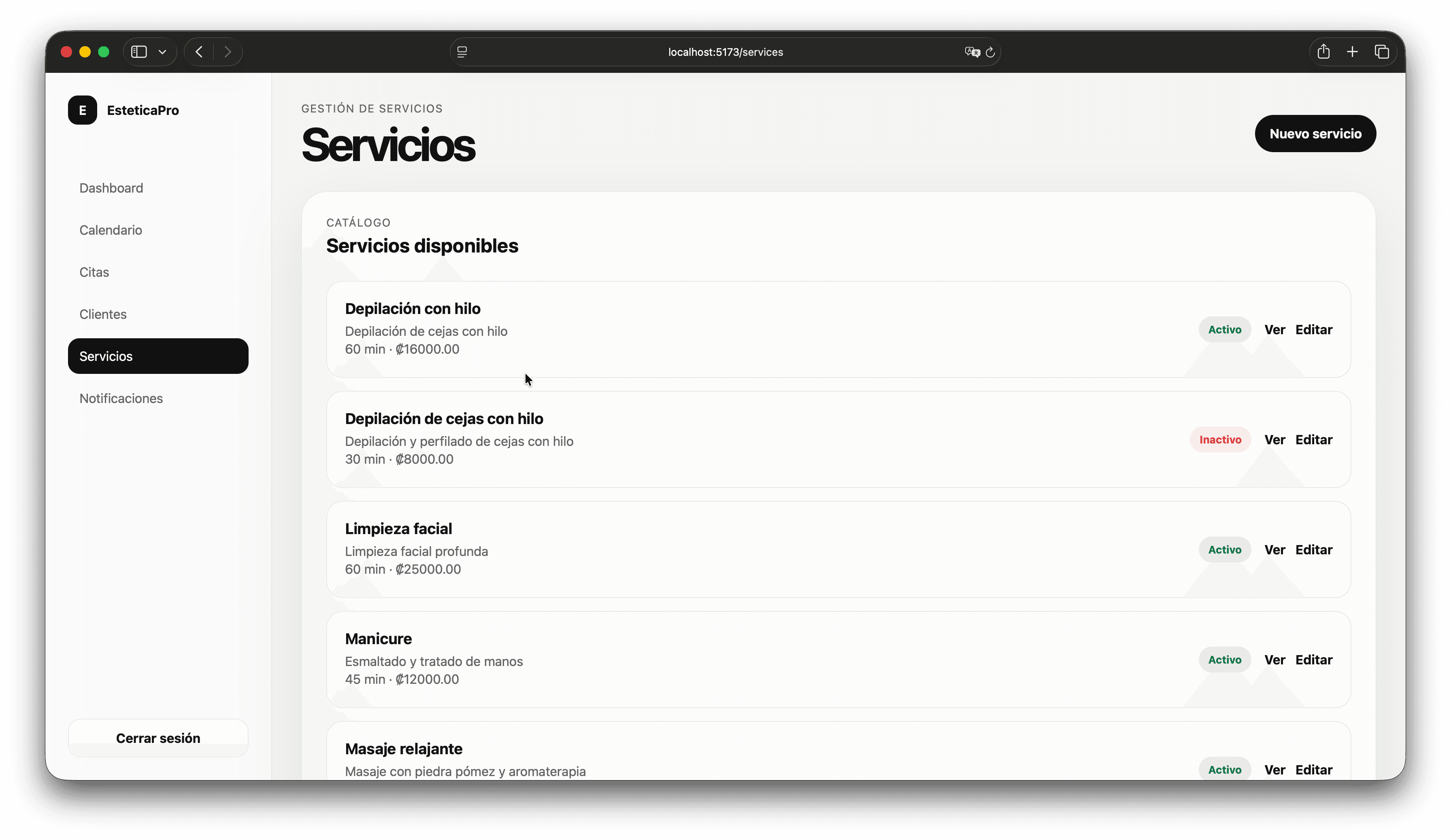 EsteticaPro services screen