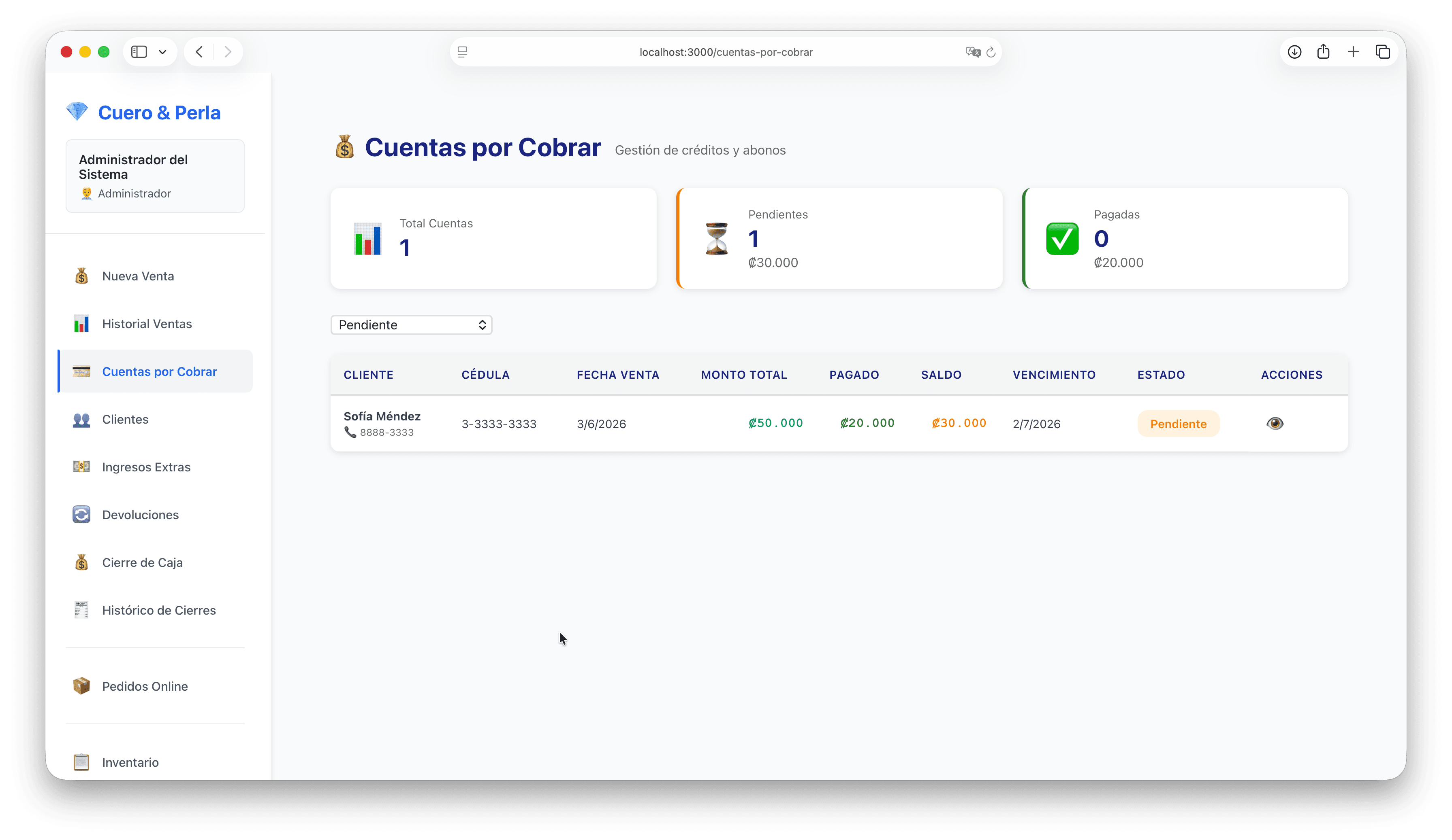 Accounts receivable screen