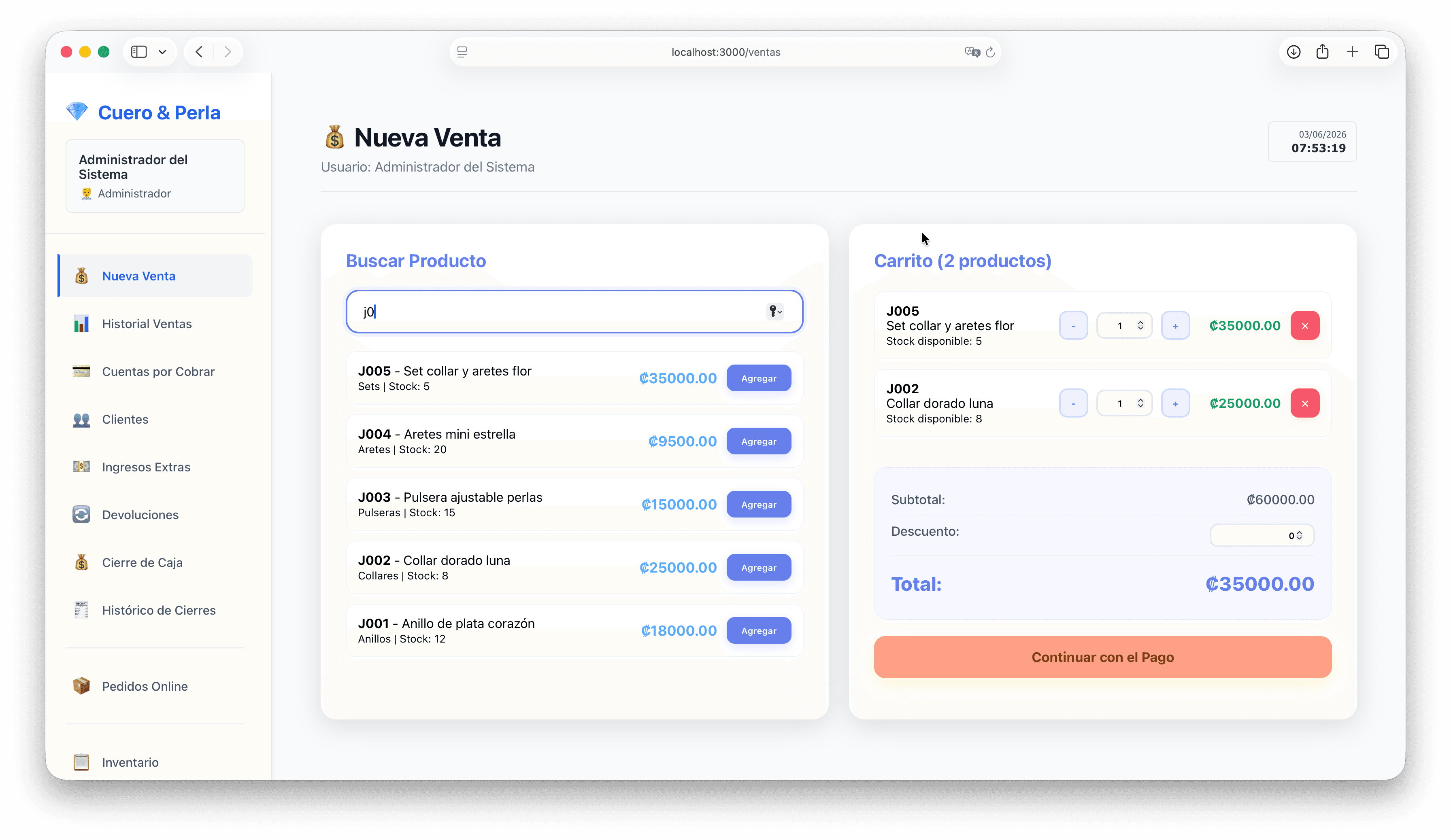 Joyería point-of-sale sales screen