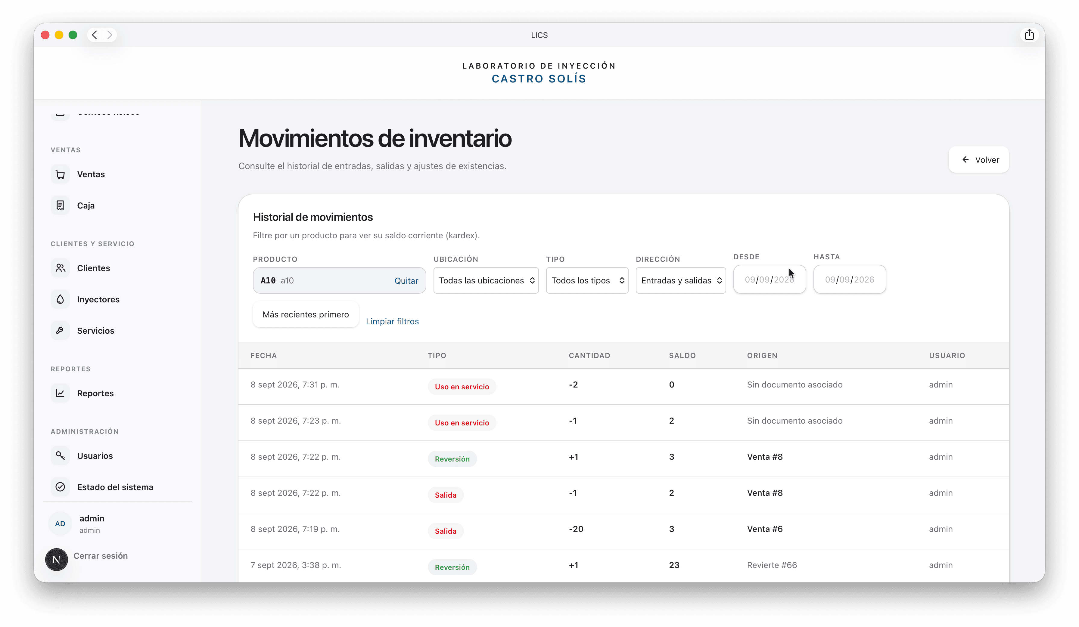 LICS inventory module with stock movement history